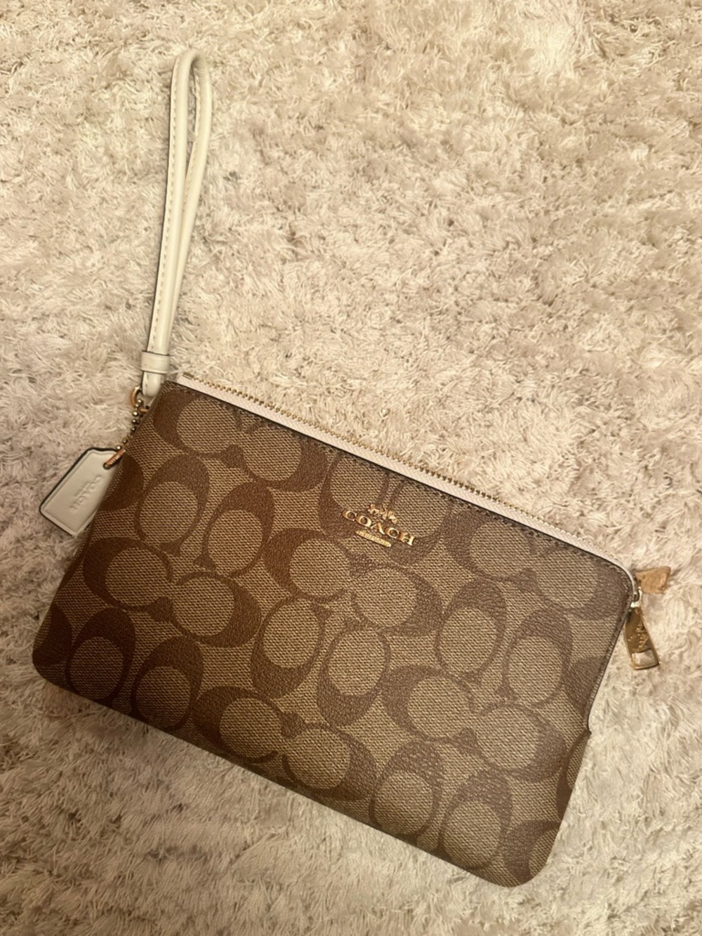 Coach Brown Signature Wristlet with Cream Strap